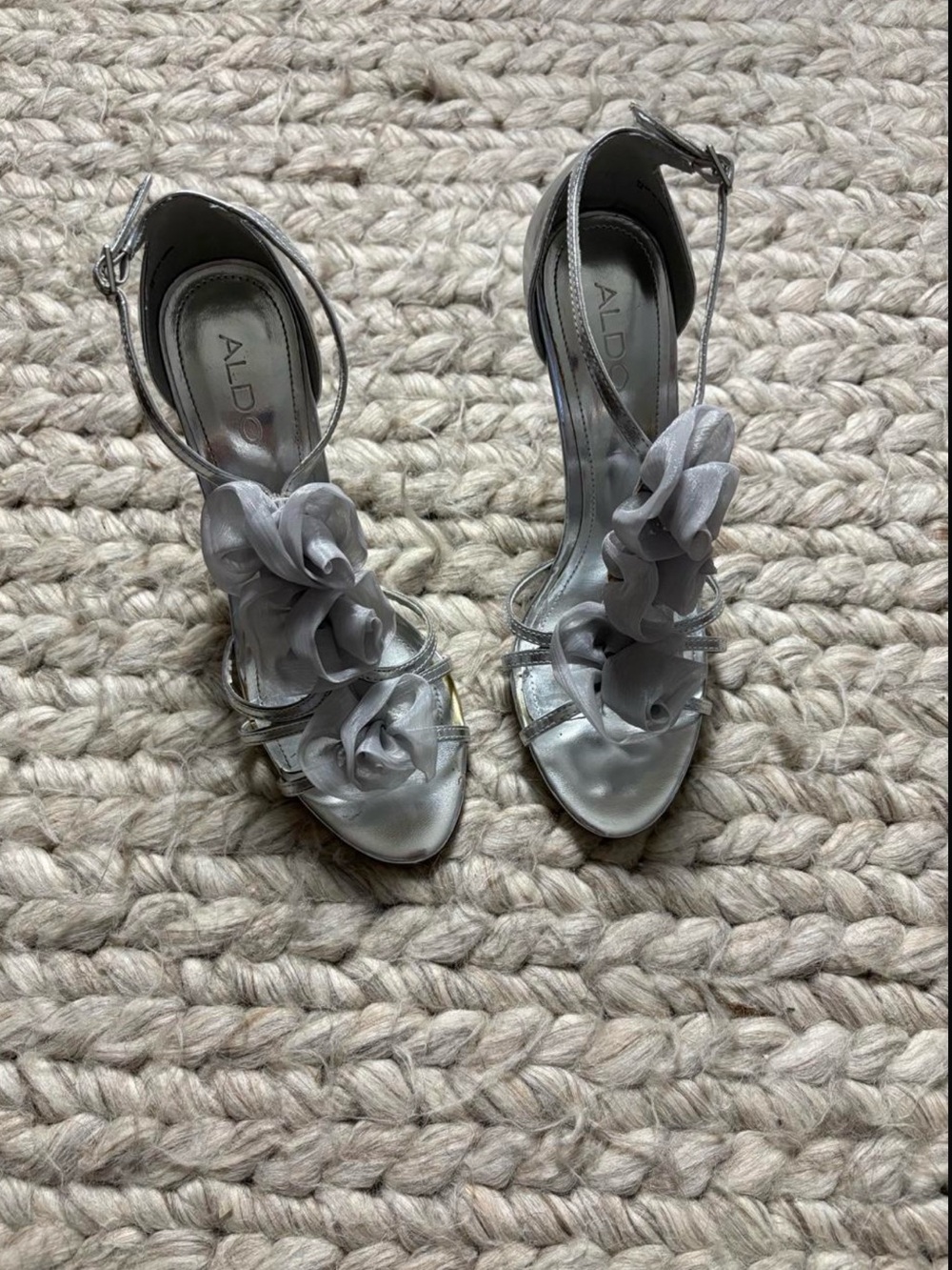 Aldo Silver Floral Ankle-Strap Heels with Ruffle Appliqué
